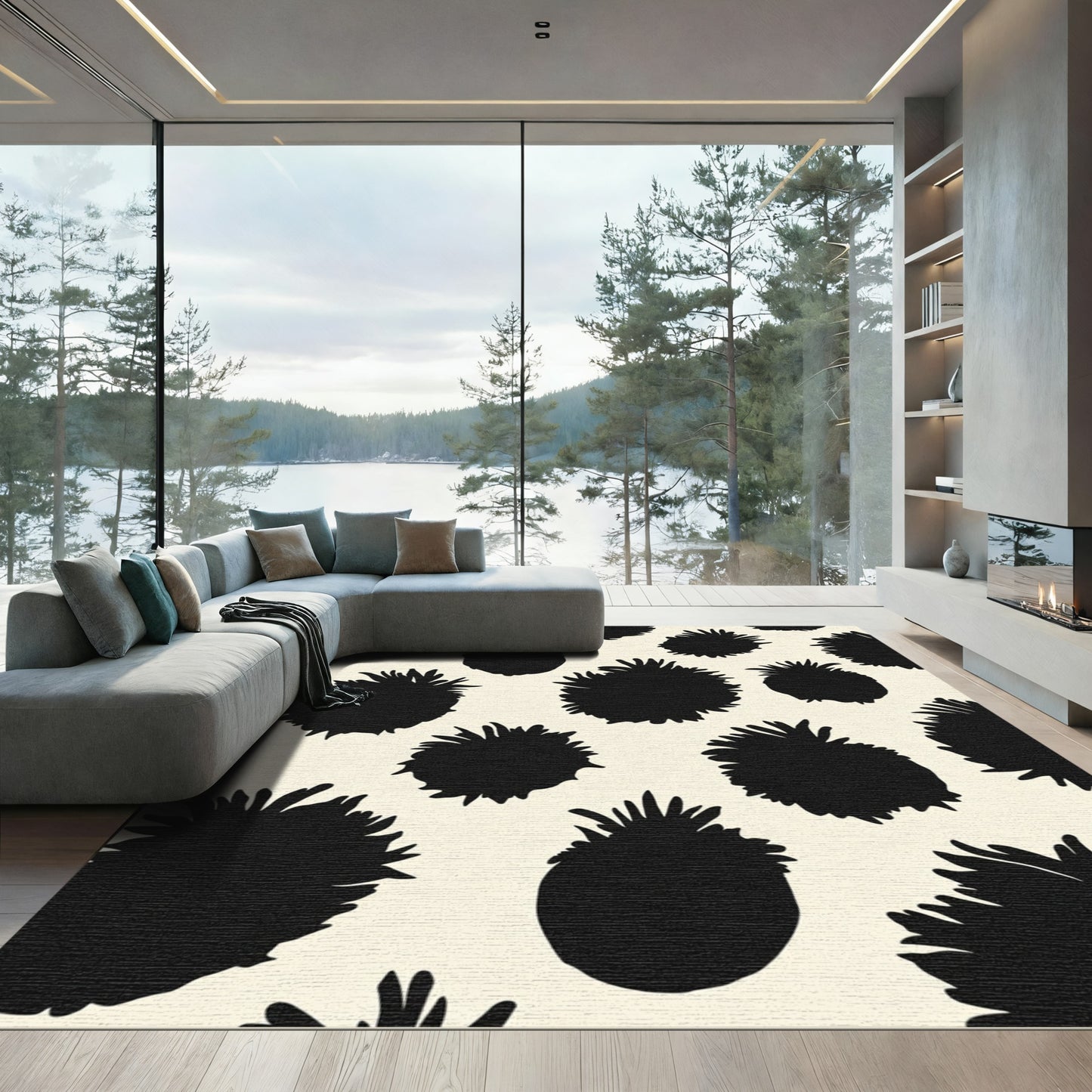 Black Pineapples Cream Background Rug