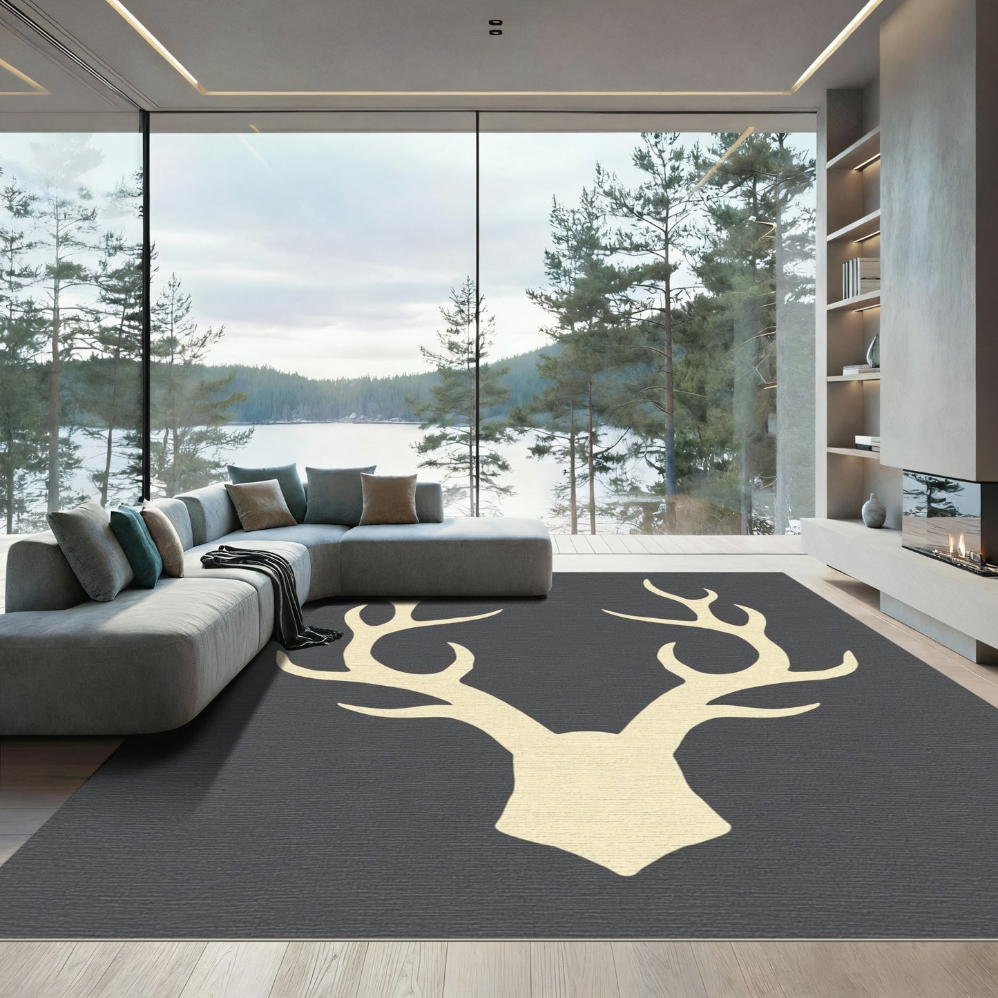 Cream Antlers Dark Gray Background Rug