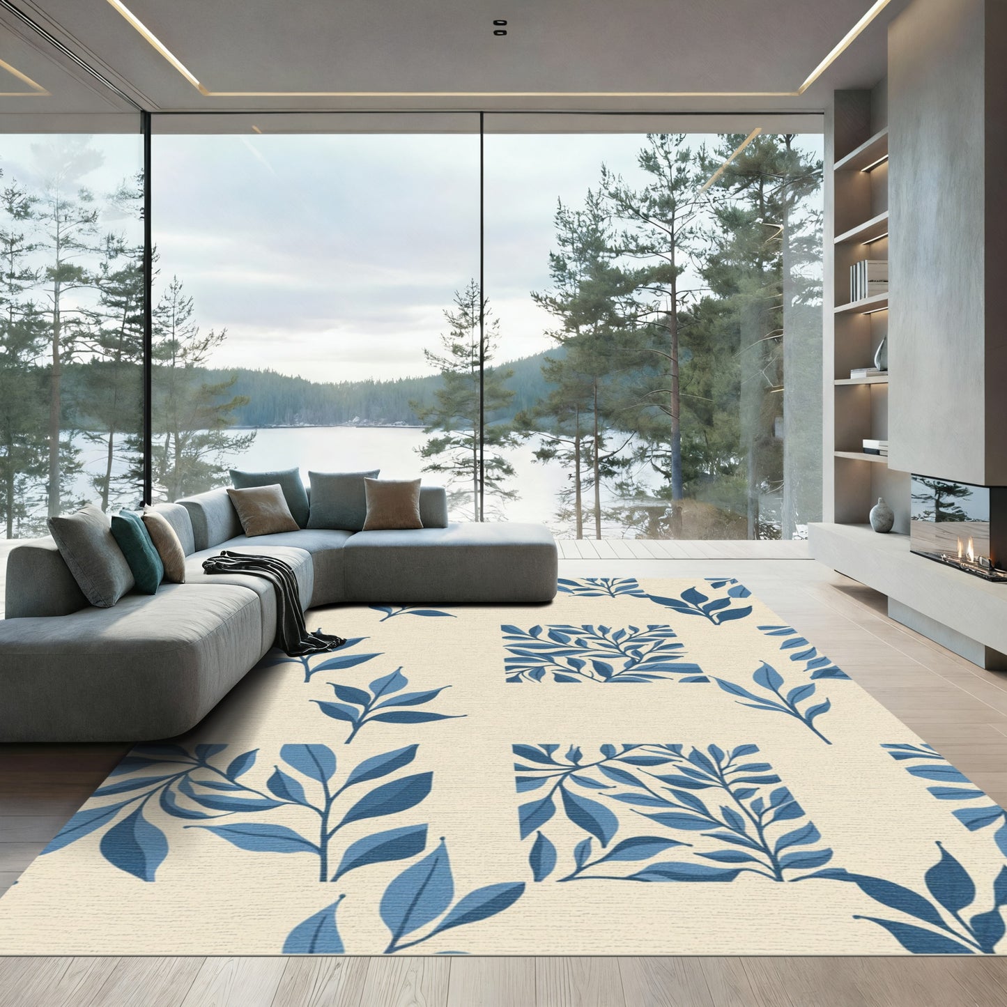 Blue Leaf Branch Square Motif Rug