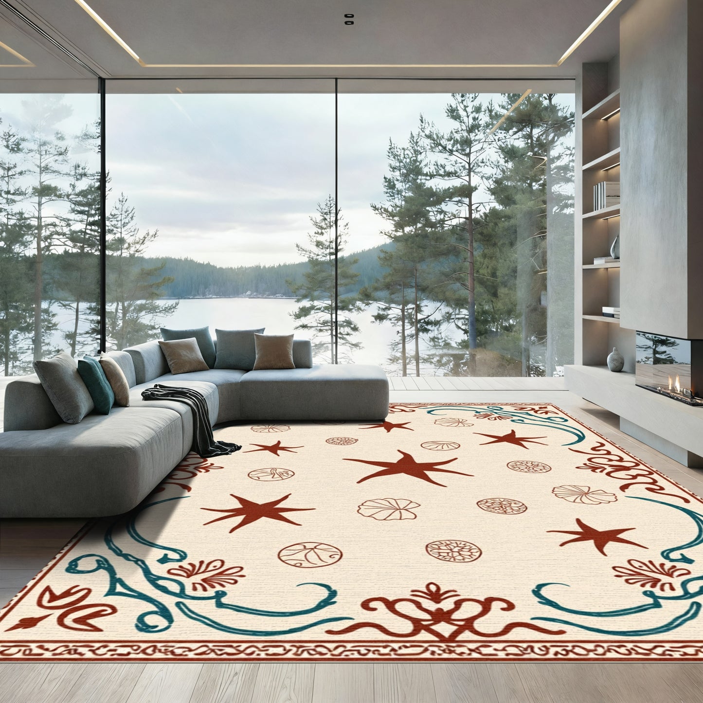 Crimson Teal Floral Starburst Medallion Rug
