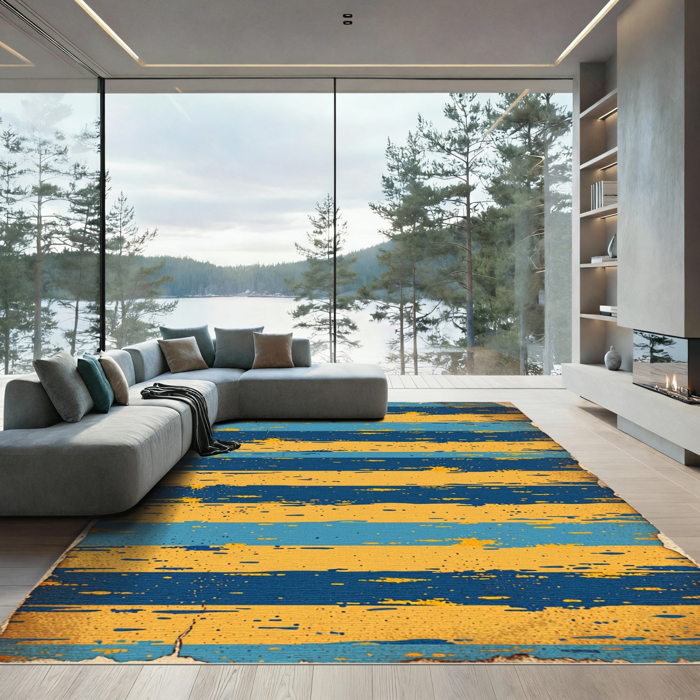 Distressed Golden Yellow Dark Blue Striped Rug