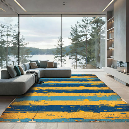Distressed Golden Yellow Dark Blue Striped Rug