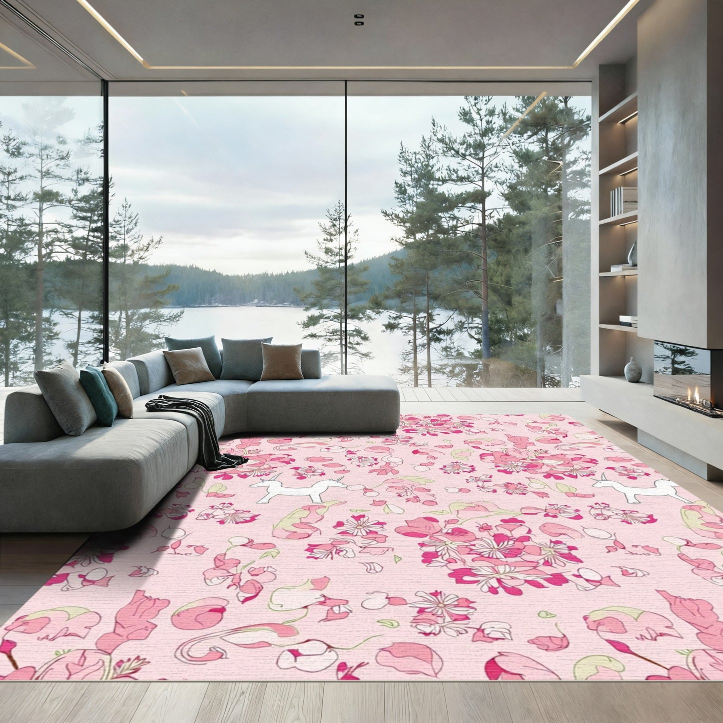Pink Floral Unicorn Meadow Rug