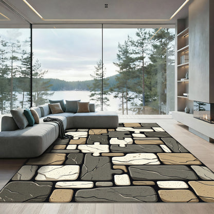 Earthy Stone Jigsaw Mosaic Grid Rug