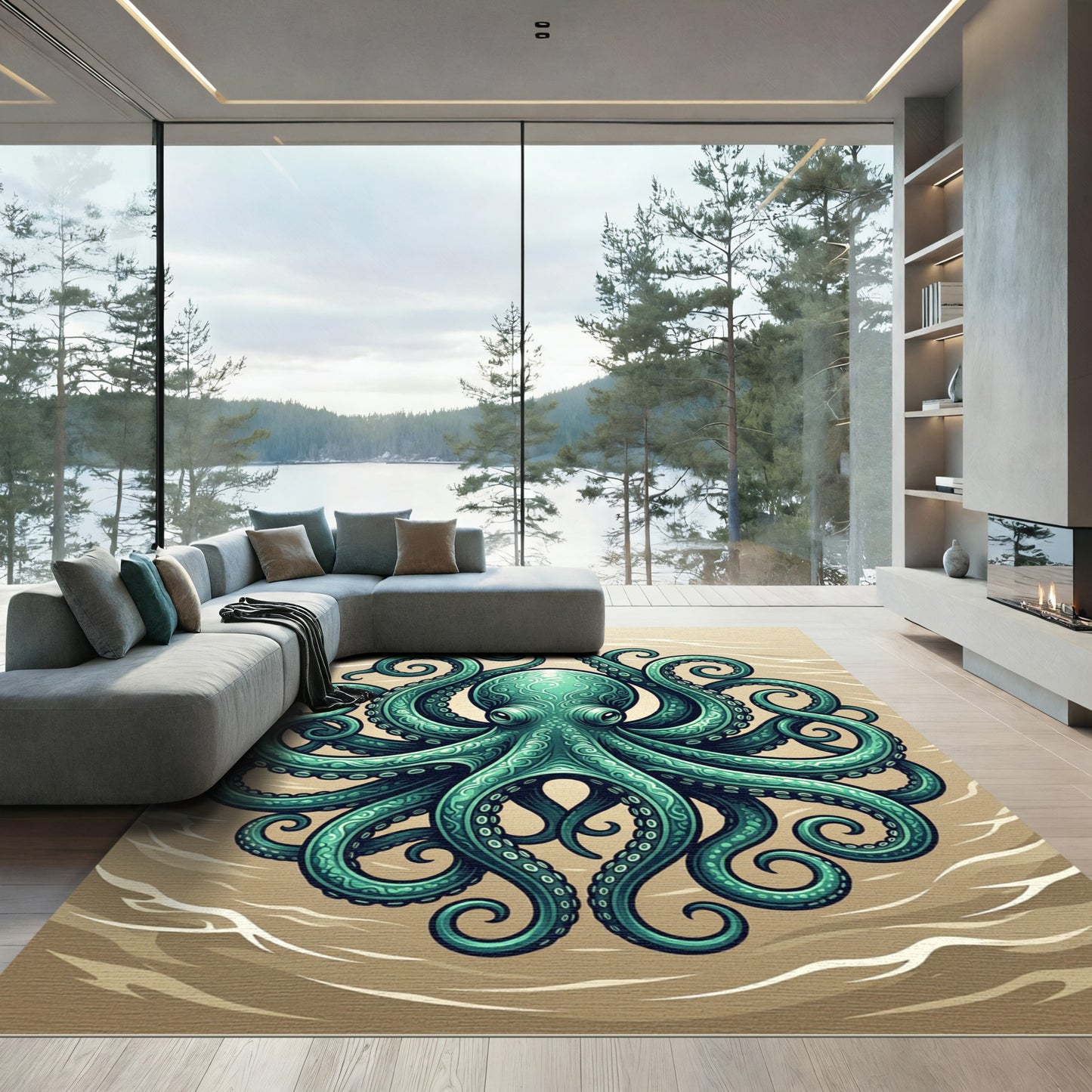 Intricate Teal Octopus Sea Creature Art Rug
