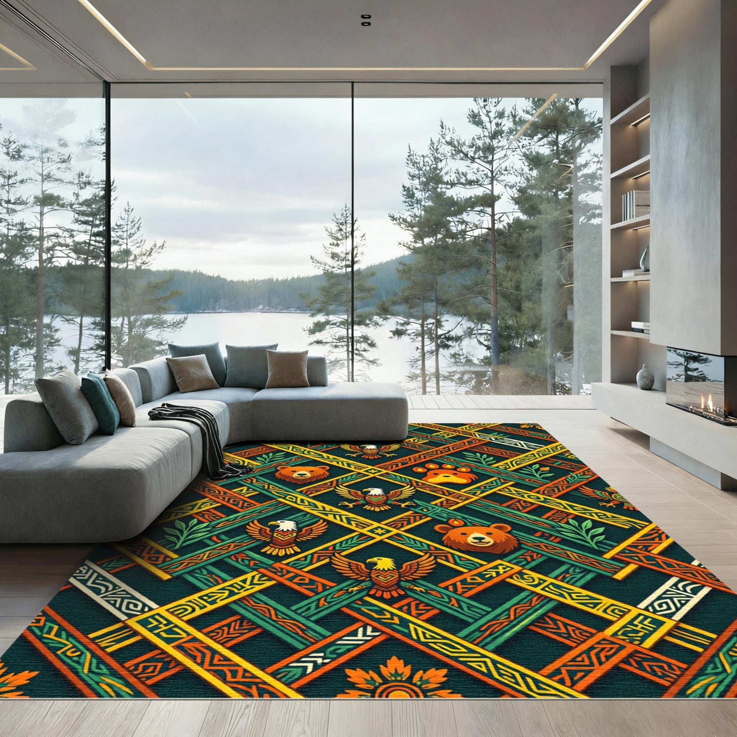 Geometric Forest Bear and Eagle Tapestry Rug