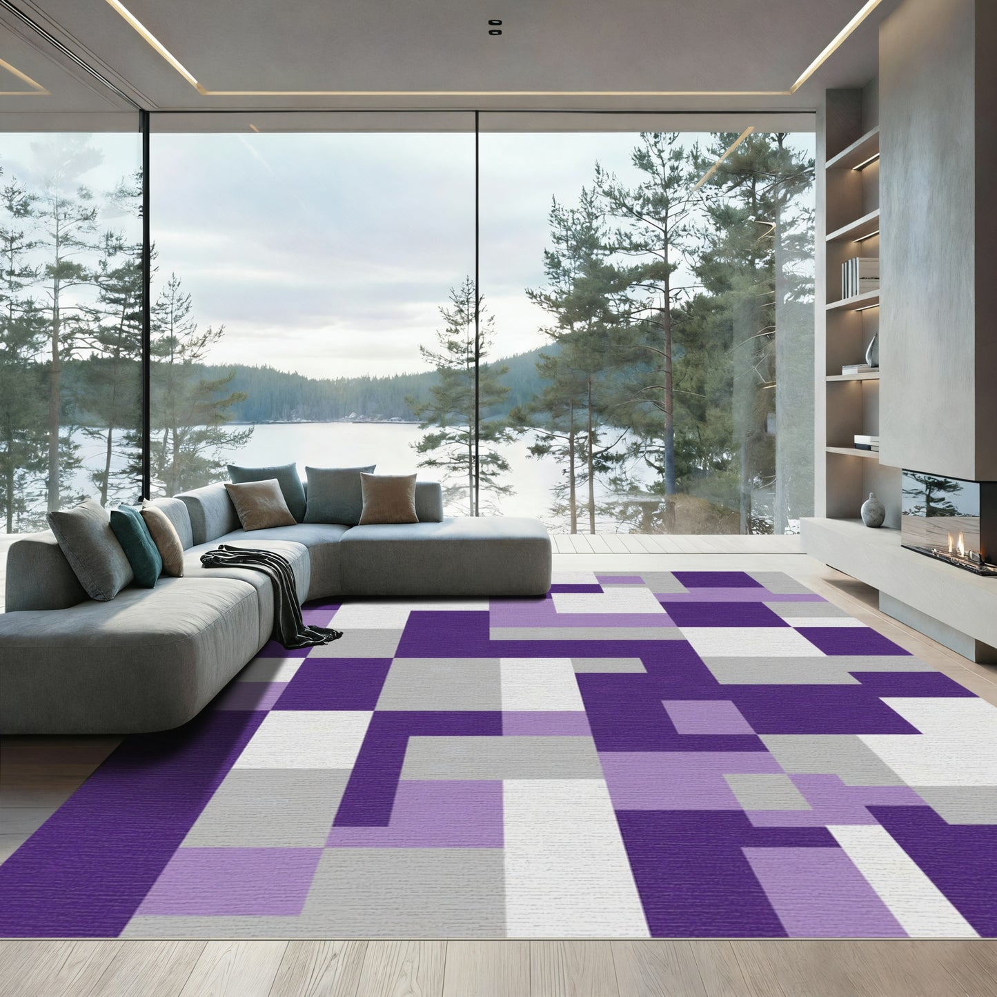 Retro Purple Gray Geometric Blocks Rug
