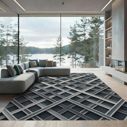 Monochrome Geometric Interwoven Grid Layered Art Rug