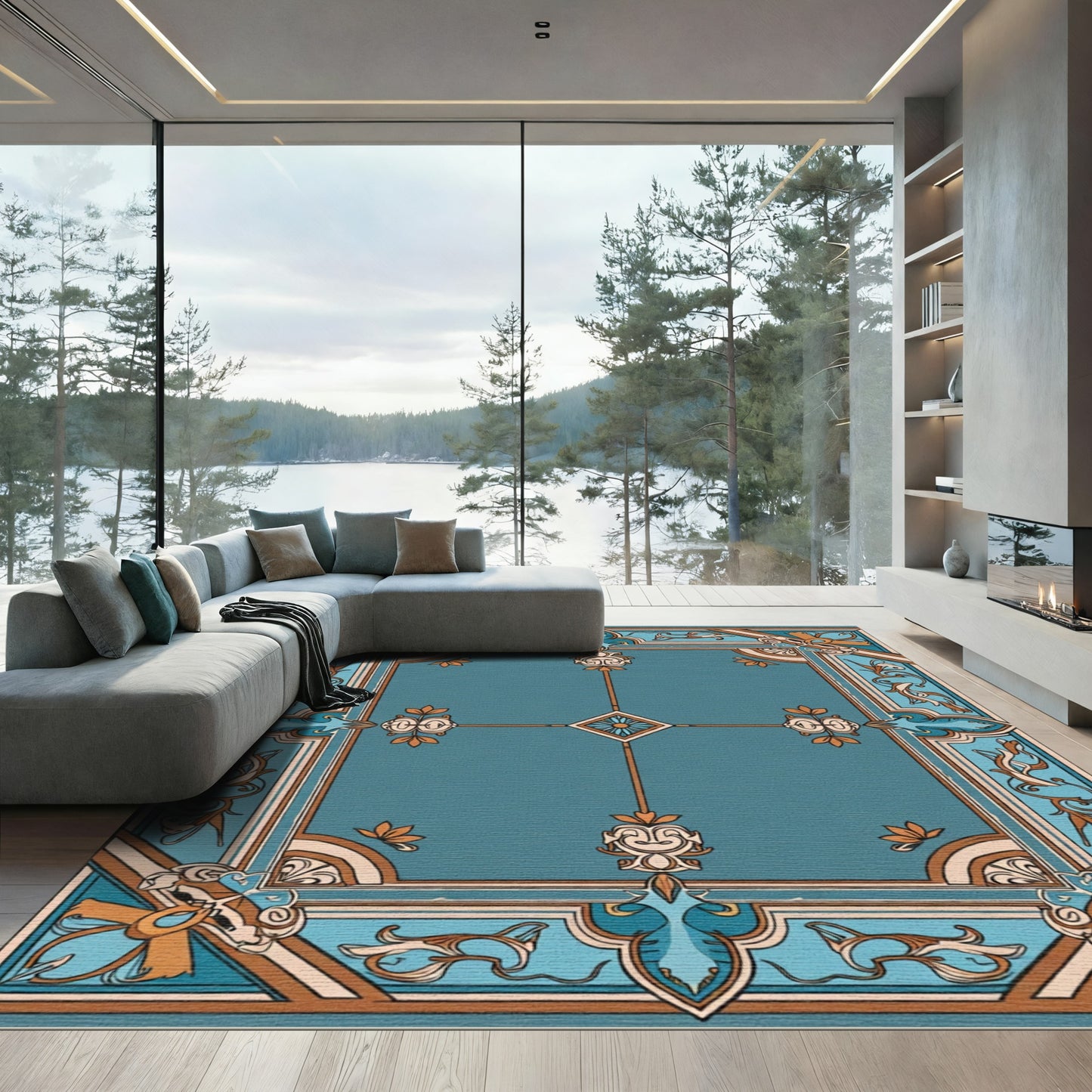 Teal Ornate Floral Geometric Border Rug