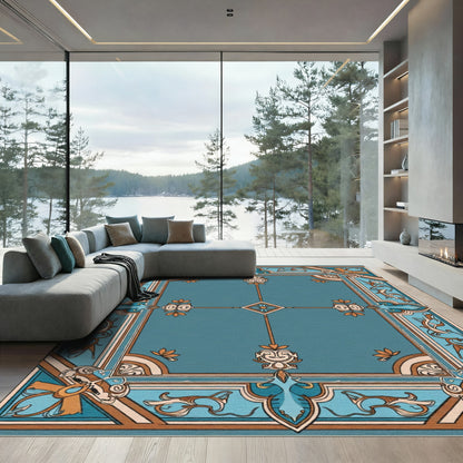 Teal Ornate Floral Geometric Border Rug