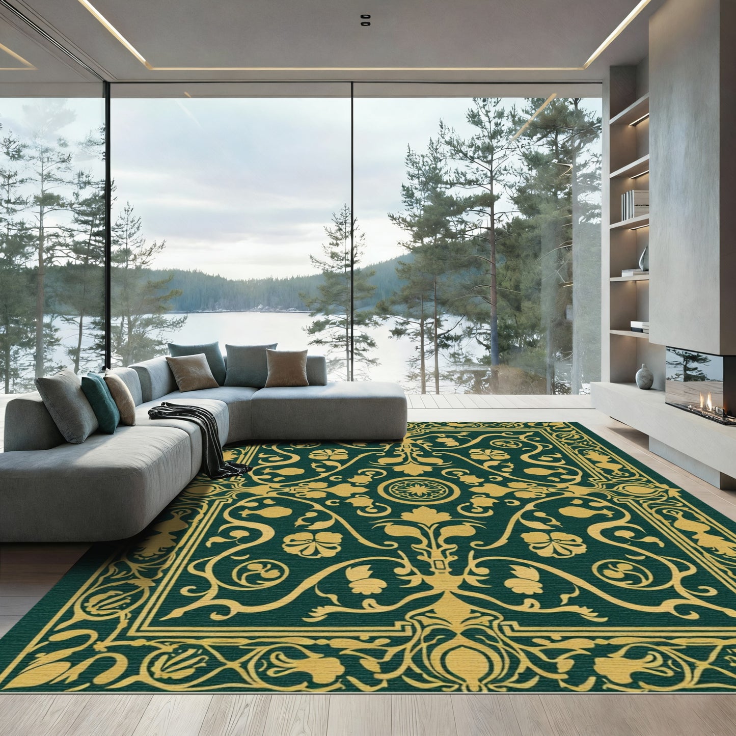Emerald Gold Floral Vine Frame Rug