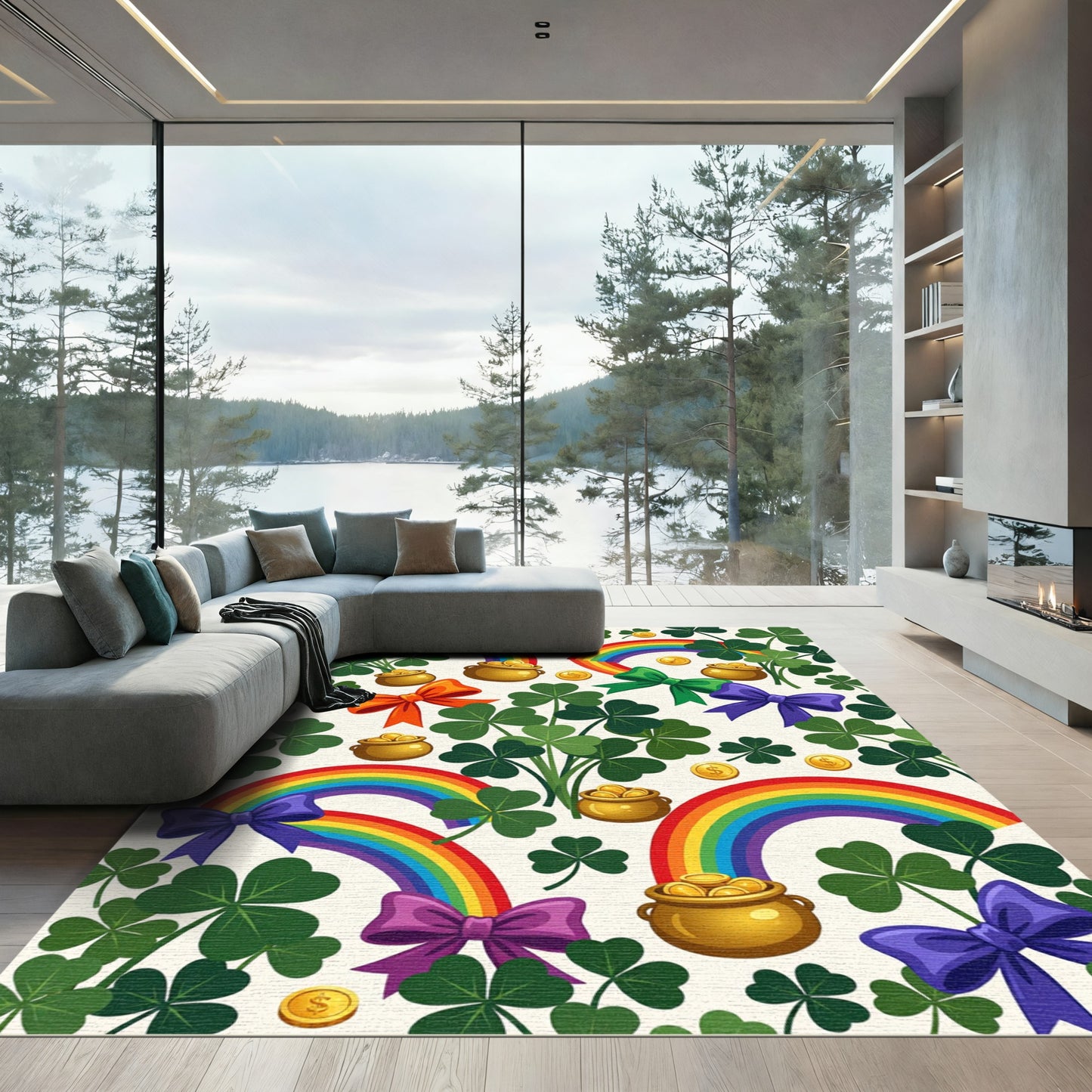 Whimsical Rainbow Shamrock Gold Coin Treasure Rug