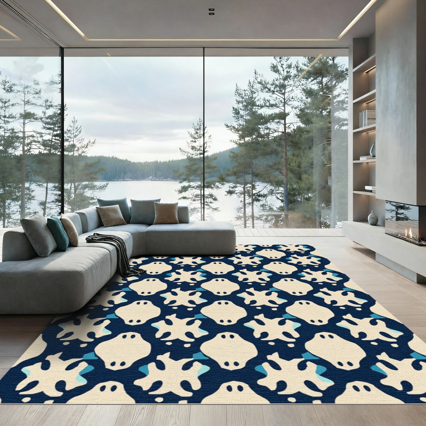 Dark Blue Cream Ghost Shapes Rug