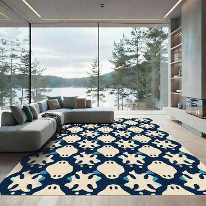 Dark Blue Cream Ghost Shapes Rug