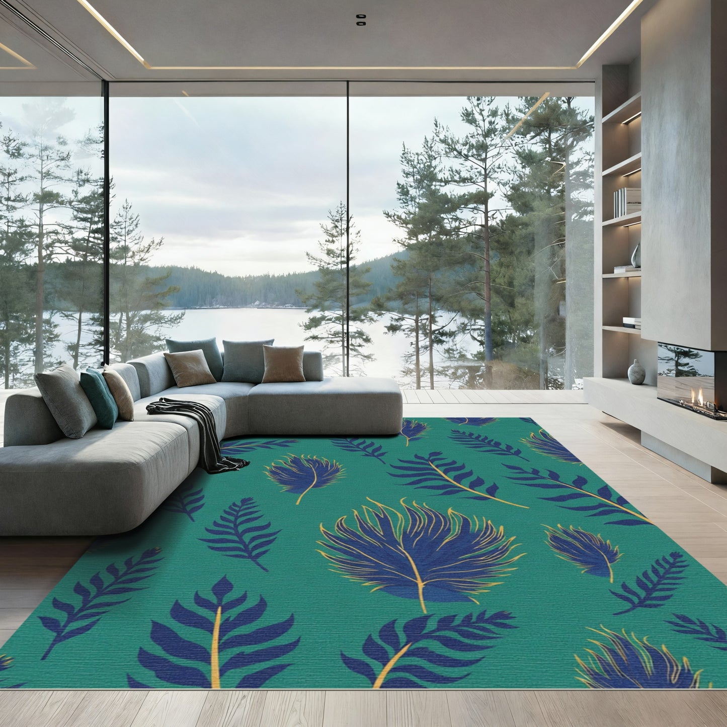 Deep Teal Blue Feather Botanical Rug