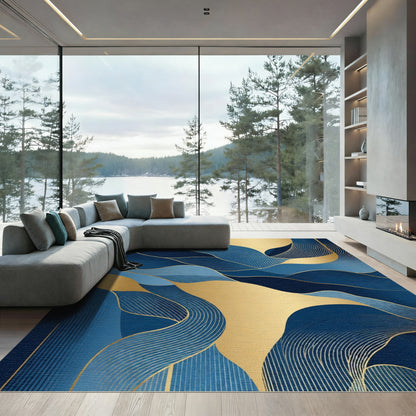 Deep Blue Golden Wave Curves Rug