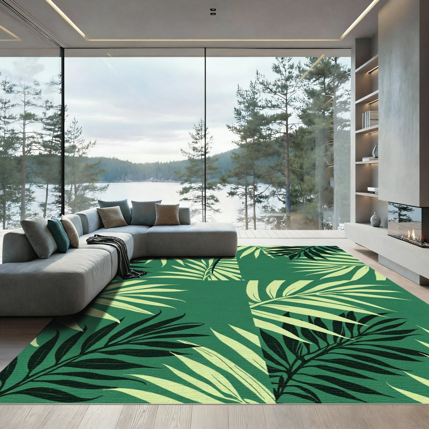 Earthy Green Palm Frond Collage Rug