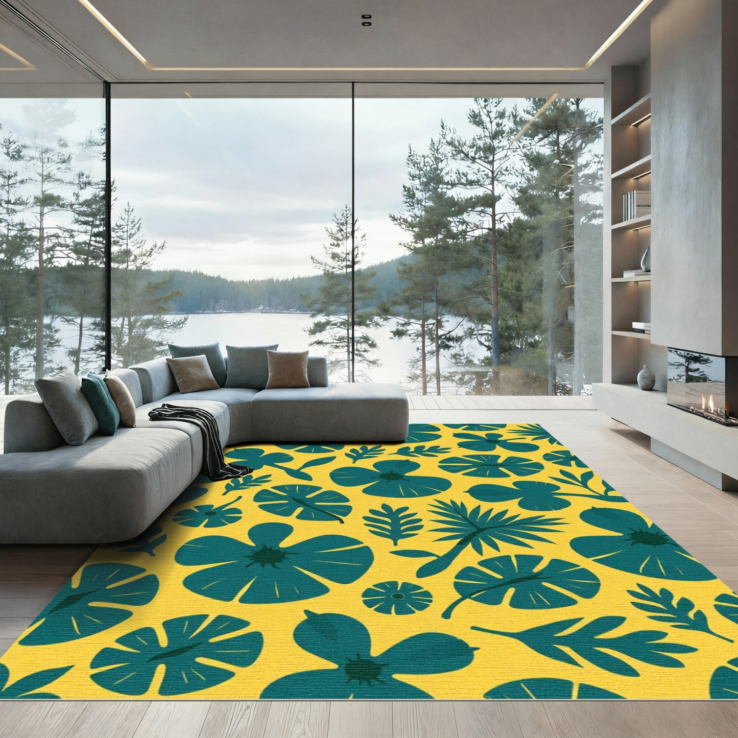 Teal Floral Botanical Yellow Background Rug