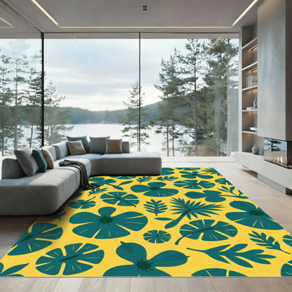 Teal Floral Botanical Yellow Background Rug