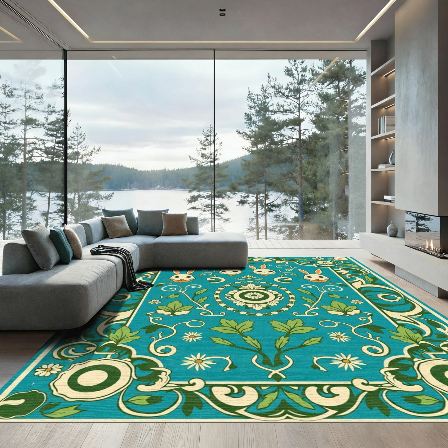 Teal Floral Rabbit Courtly Arrangement Rug