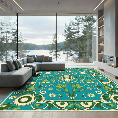 Teal Floral Rabbit Courtly Arrangement Rug