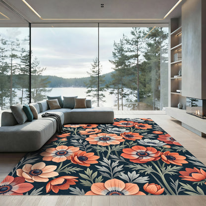 Coral Anemone Botanical Dark Navy Rug