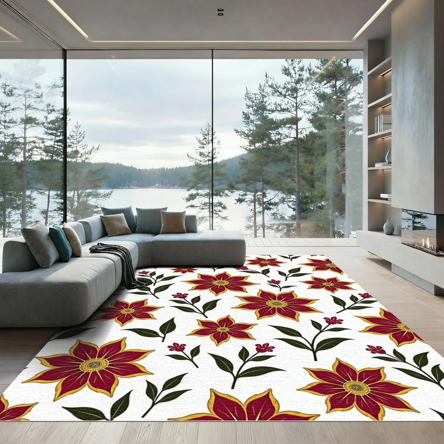 Vibrant Burgundy Bloom Garden Arrangement Rug