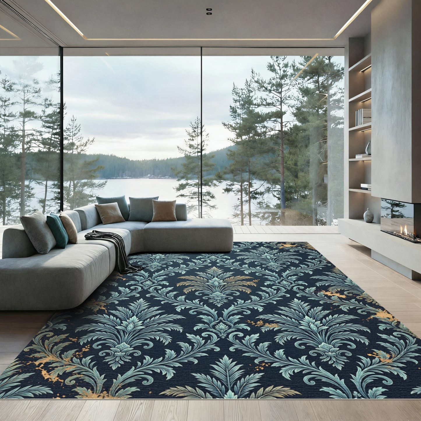 Deep Navy Acanthus Leaf Damask Rug