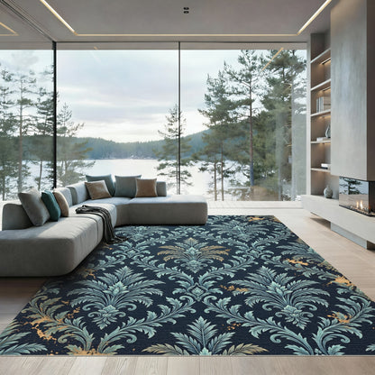 Deep Navy Acanthus Leaf Damask Rug