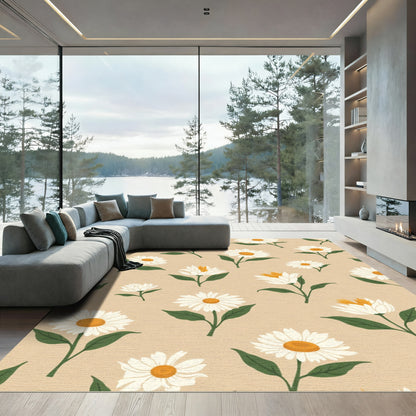 Floral Daisy Meadow Green Beige Rug