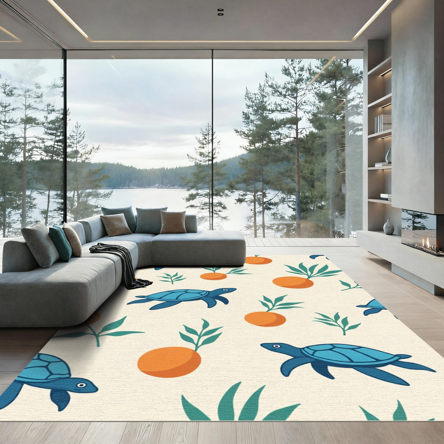 Cute Blue Turtles Orange Branches Pattern Rug