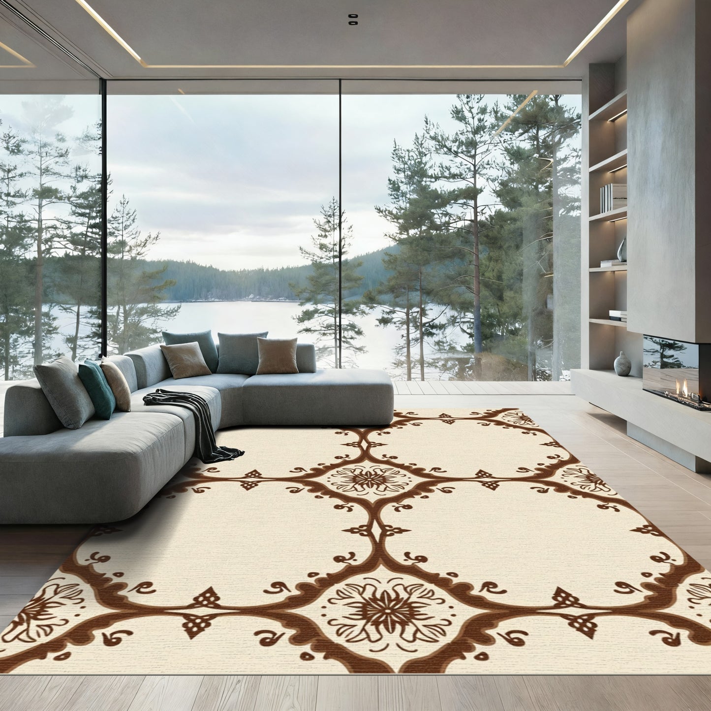 Brown Floral Medallion Beige Tile Rug