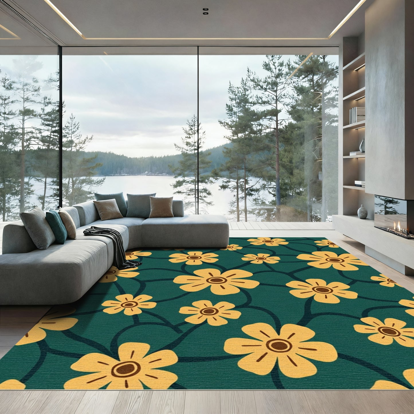 Golden Yellow Flowers Dark Teal Background Rug
