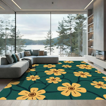 Golden Yellow Flowers Dark Teal Background Rug