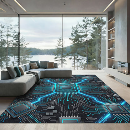 Cybernetic Blue Neon Circuit Grid Rug