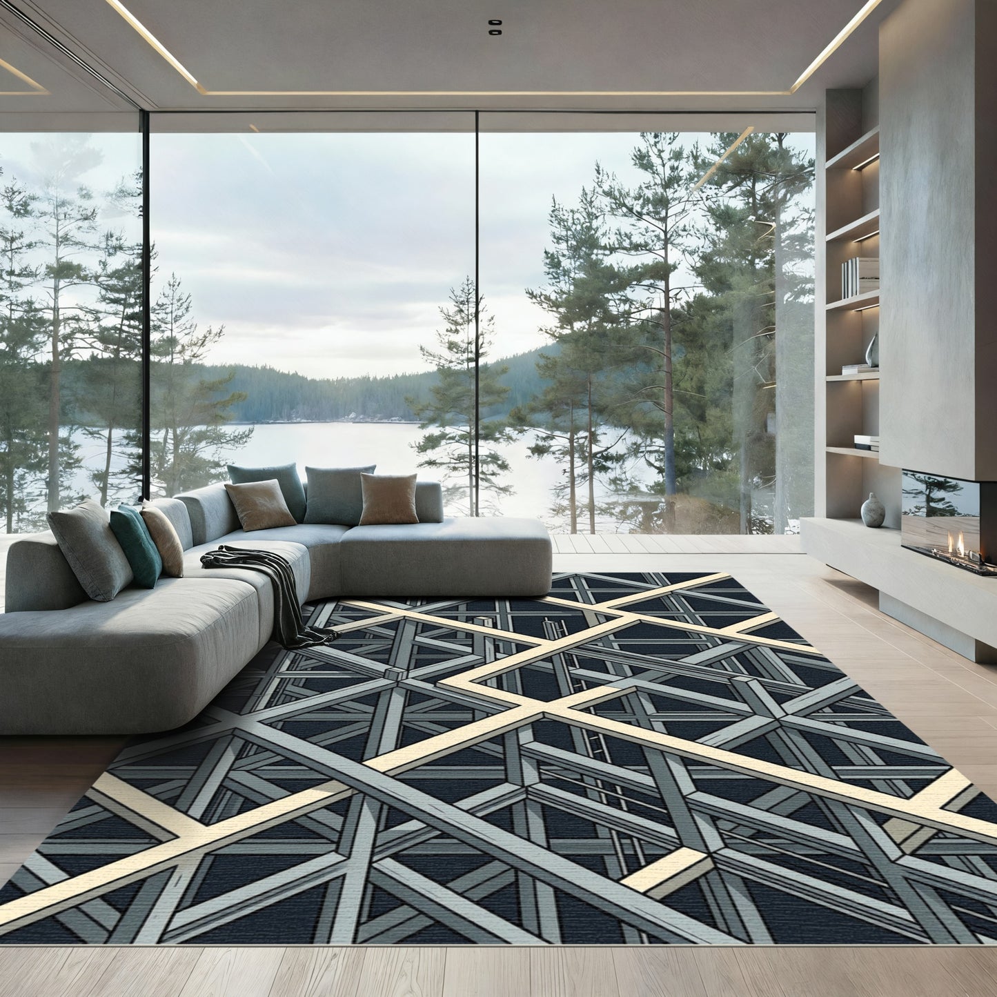 Monochromatic Industrial Geometric Steel Grid Rug