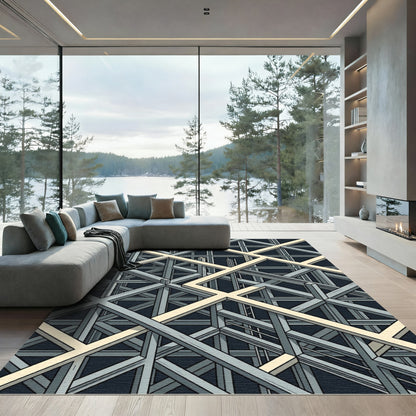 Monochromatic Industrial Geometric Steel Grid Rug