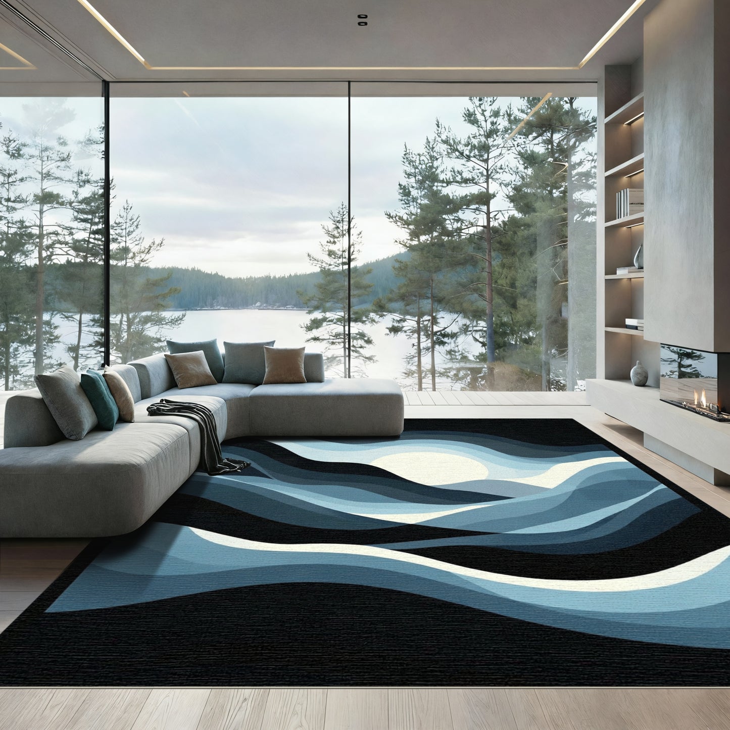 Dark Blue Abstract Waves Sun Rug