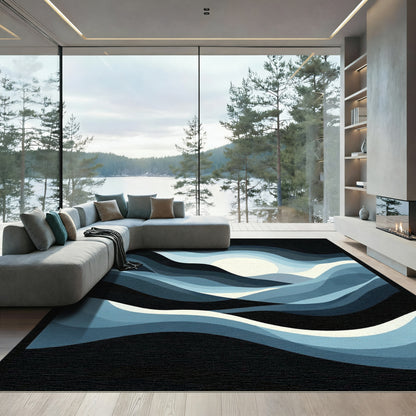 Dark Blue Abstract Waves Sun Rug