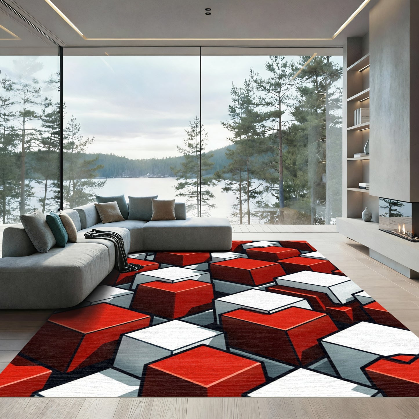 Geometric Red and White Isometric Cube Rug