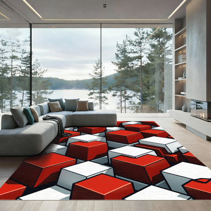 Geometric Red and White Isometric Cube Rug