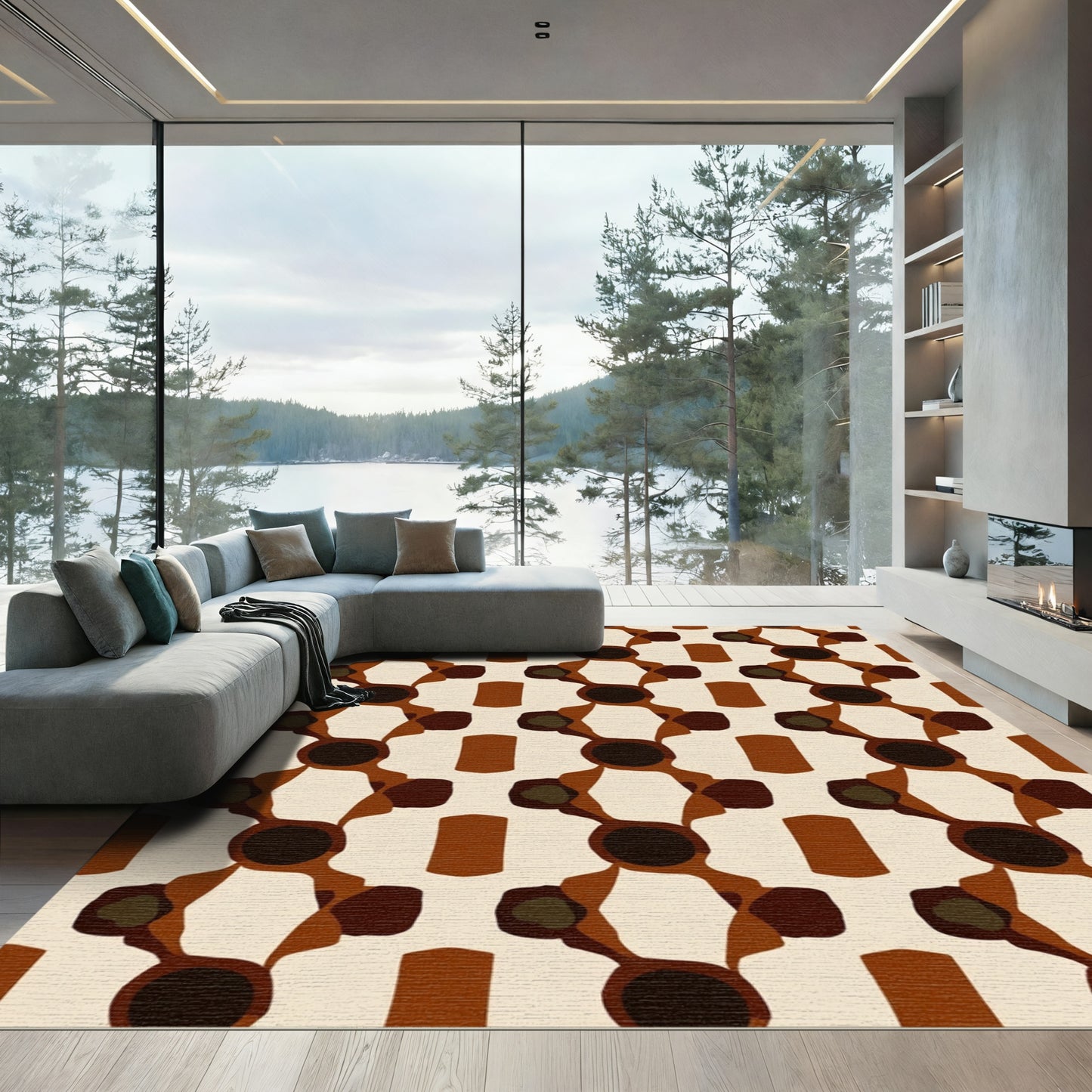 Retro Brown Geometric Chain Rug