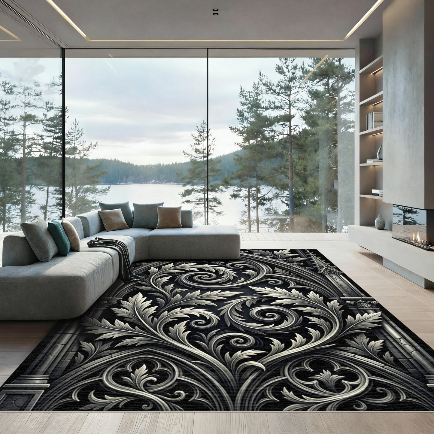 Gothic Black Silver Acanthus Swirls Rug