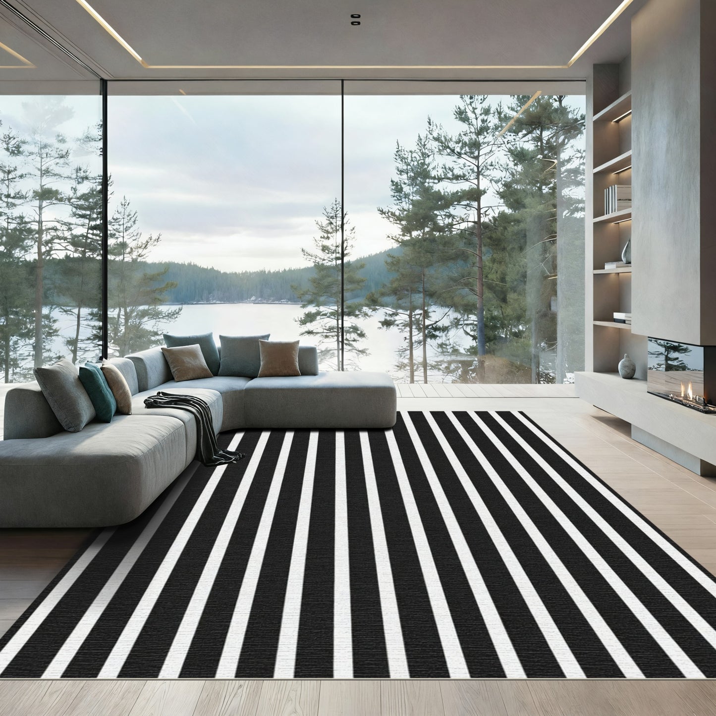 Crisp Black White Vertical Stripes Rug