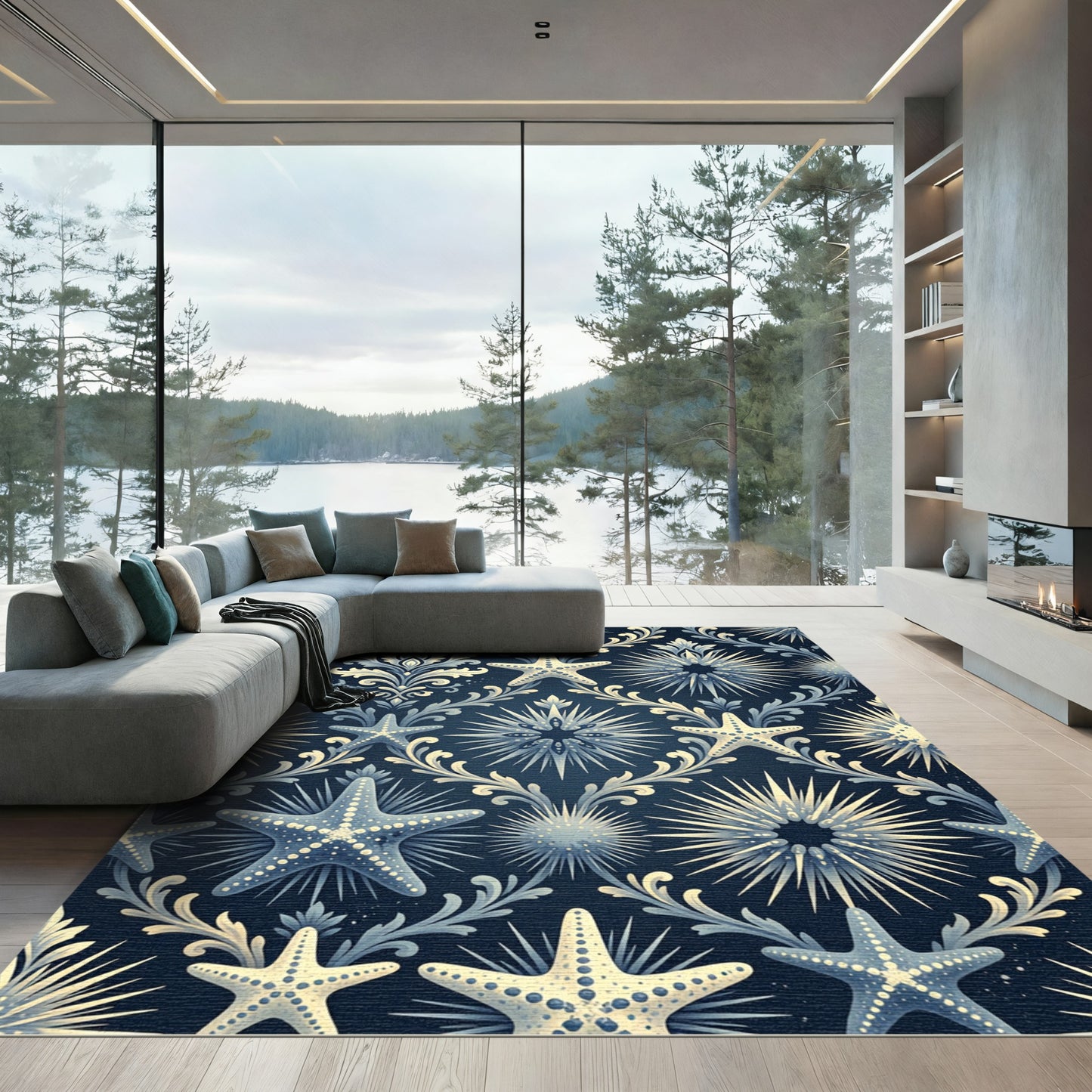 Blue Starfish Floral Damask Rug