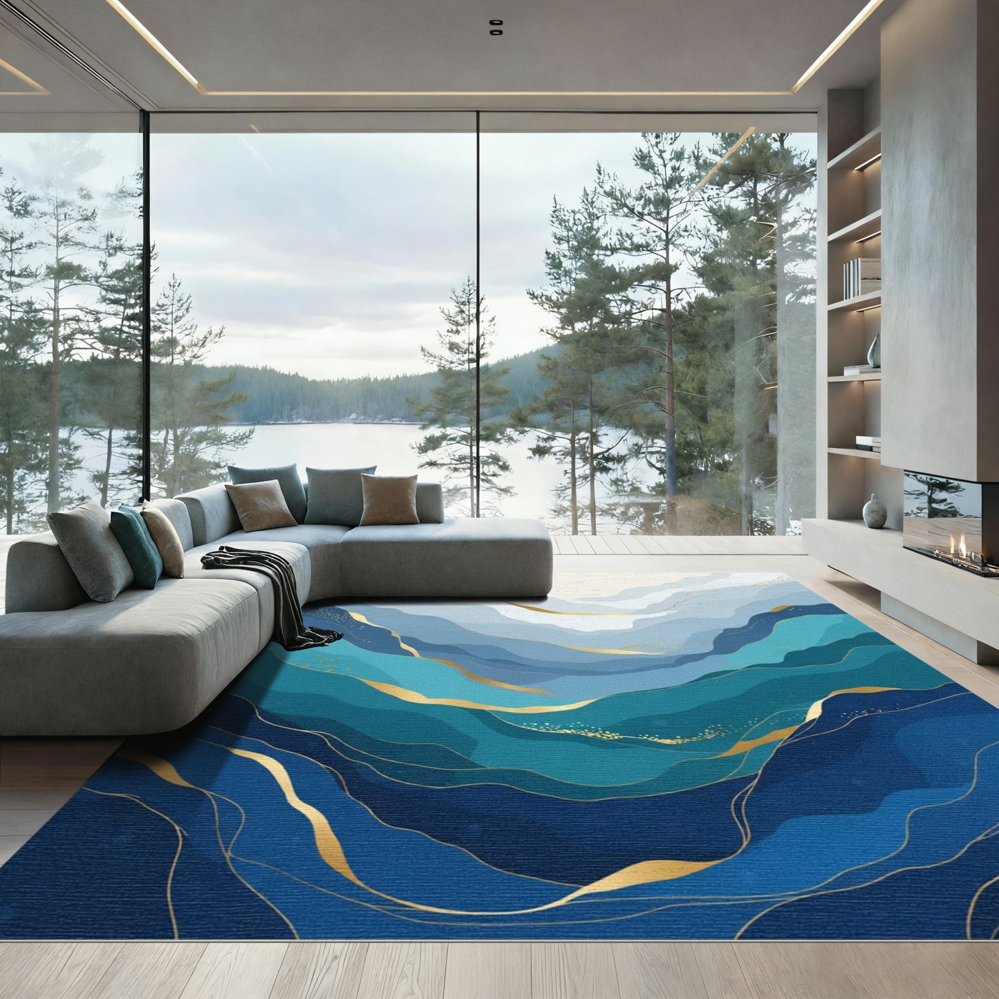 Oceanic Blue Waves Gold Accent Rug