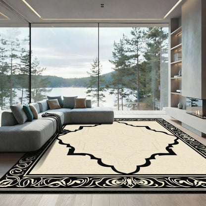 Elegant Creme Black Arabesque Frame Rug