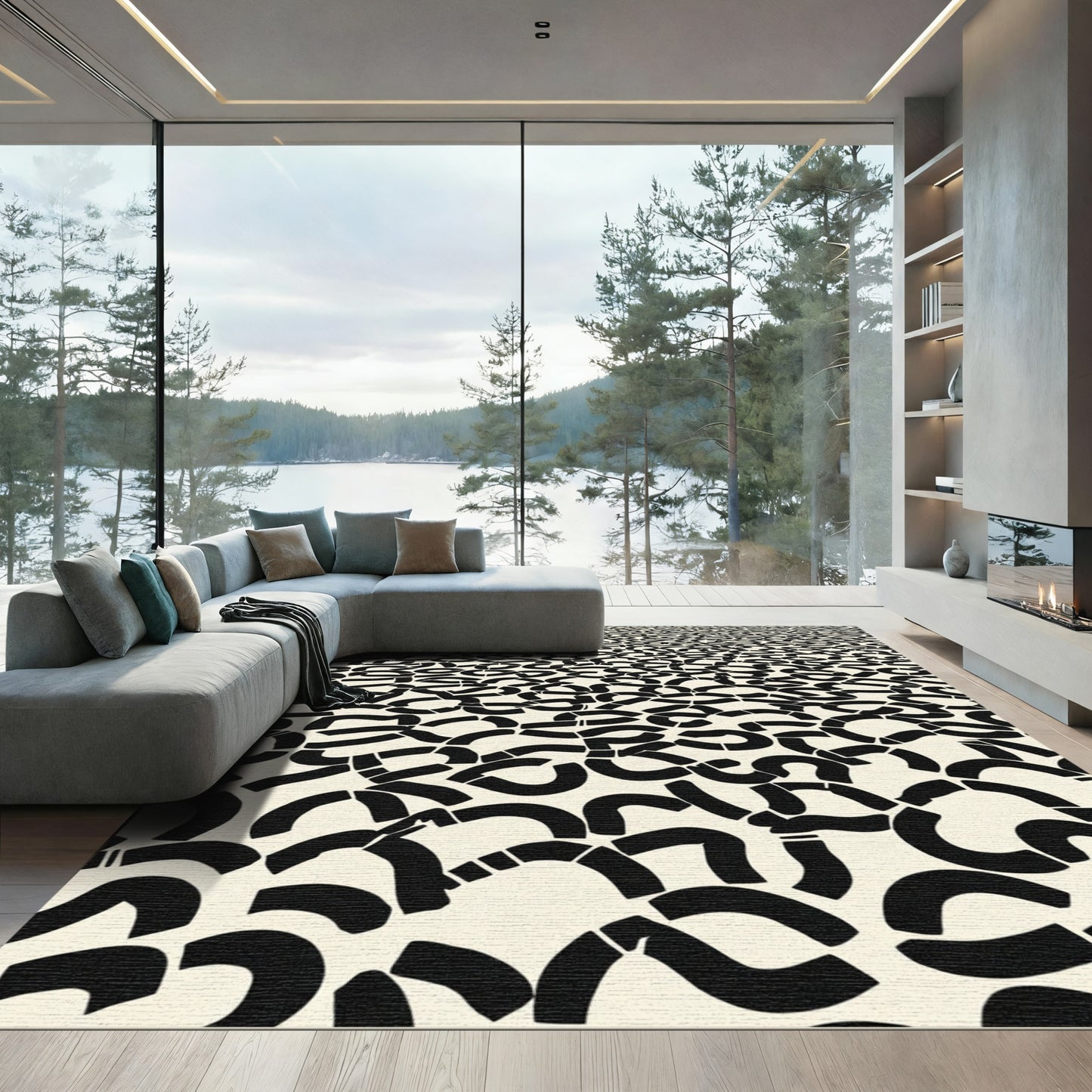 Monochromatic Abstract Curved Lines Rug