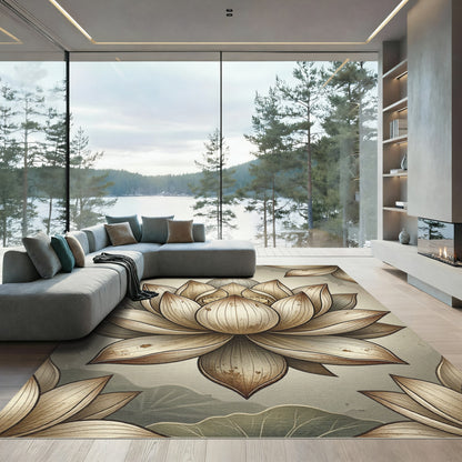 Neutral Sepia Lotus Flower Zen Illustration Rug