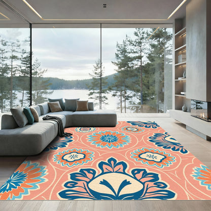 Coral Blue Orange Floral Medallion Rug